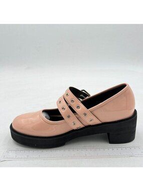 Women Mary Jane Round Toe Heel Lug Sole Pump with Adjustable Strap Pink Black